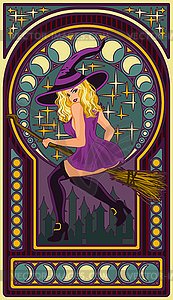 Beautiful witch with a moon, art nouveau style card - vector image