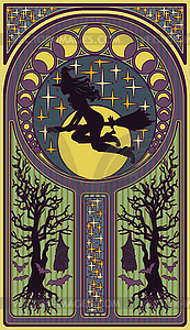Witch-girl with a moon, art nouveau style card, vector  - vector image
