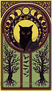 Black cat and moon, art nouveau style card, vector illu - vector clipart