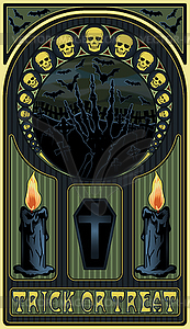 Art nouveau halloween card with skulls, candles and cof - vector clipart