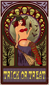 Sexy witch with candle, art nouveau greeting card - vector image