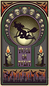 Art nouveau halloween card, witch and moon, vector illu - vector clipart