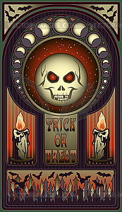 Art nouveau halloween card, full moon skull, vector - vector image