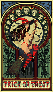 Sexy witch and moon, art nouveau halloween card, vector - vector image