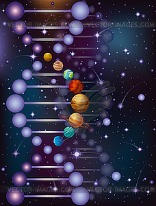 Deoxyribonucleic acid DNA plnets, night sky banner - vector clip art