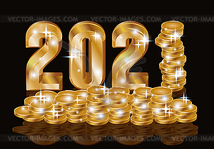 Happy Golden New 2021 Year 3d with gold coins, vector  - vector image