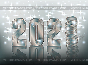 Silver New 2021 Year 3d card with coin, vector  - vector clipart