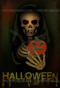 Happy halloween card. Death is holding a pumpkin. vecto - vector image