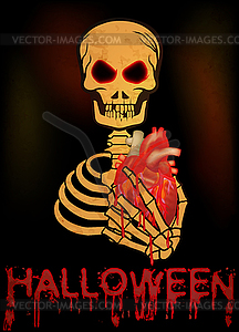 Happy Halloween card. Human skeleton holding a bloody h - vector image