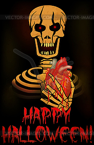 Happy Halloween. Skeleton holding a heart, vector illus - vector image