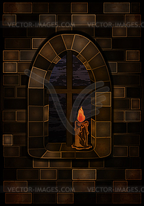 Arched stone window in medieval style and candle, night - vector clipart