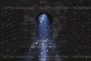 Magic moonlight. The open door of a stone house. vector - vector image