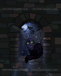 Happy Halloween night wallpaper with black cat, vector  - color vector clipart