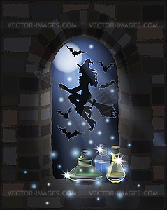 Happy Halloween invitation card. Flying witch  broom - vector image