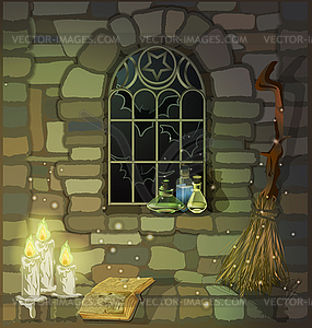 Готическое окно каменный дом со свечами, книга ведьм и - изображение векторного клипарта