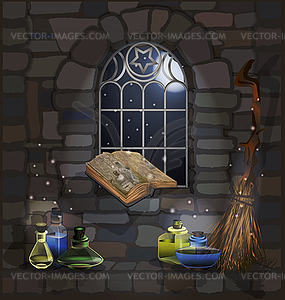 Изысканное готическое окно в каменном доме с волшебной ведьмой - клипарт в векторном формате