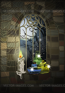 Ornate gothic window with candle and magic glass jar - vector clipart / vector image