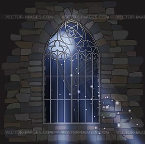 Ornate gothic window a stone house. Magic moonlight wal - vector image