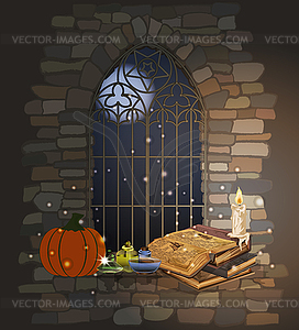 Happy Halloween card. Gothic window with magic book - vector clipart