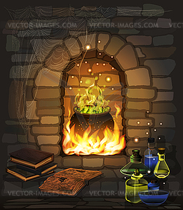 Happy Halloween wallpaper with fireplace and magic caul - vector clipart