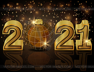 Golden Happy New 2021 Year banner with planet , vector  - vector clipart