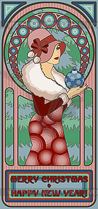 Art Nouveau Winter Santa girl new year card, vector ill - vector clip art