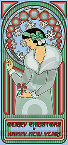 Art Nouveau Santa girl card Happy New year, vector illu - vector image