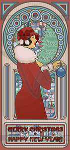 Art Nouveau card with Santa girl, Happy New Year - vector clipart