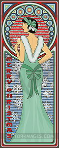 Art Nouveau xmas card, Santa claus girl wirh champagne, - vector clipart / vector image