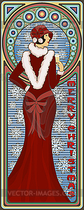 Art Nouveau Sexy Santa girl with champagne, new year ca - vector image