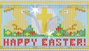 Happy easter knitted card with easter egg and easter  - vector image