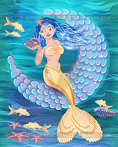 Beautiful young mermaid and the moon, wallpaper. vector - vector clipart