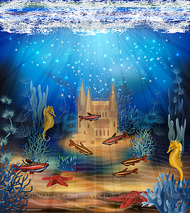 Underwater background with sand castle, vector illustra - vector clip art