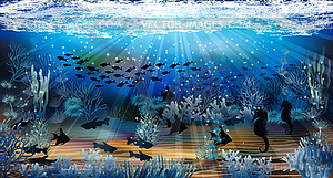 Underwater background with fish, vector illustration - vector image