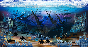 Underwater wallpaper with sunken ship, vector illustrat - vector image