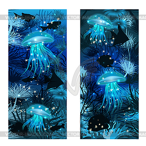 Underwater banners with jellyfish, vector illustration - vector clip art