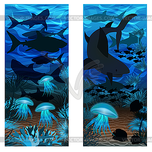 Подводные баннеры с рыбой, акулой и медузой, векто - векторное изображение EPS