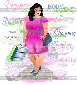 Body positivity Shopping XXL woman, vector illustration - vector clip art