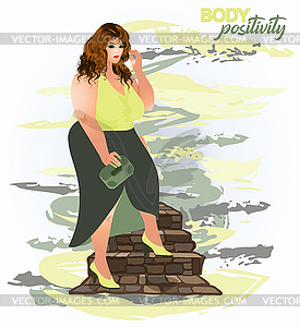 Body positivity Shopping plus size XXXL woman, vector - vector image