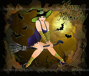 Happy halloween background with beautiful young witch,  - vector image