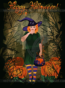 Happy halloween card red-hair witch with magic pot and  - vector image