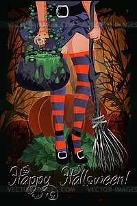 Happy halloween greeting card with broom witch, magic  - vector clipart