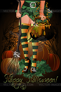 Happy halloween party card with pumpkin, broom witch, m - vector clip art