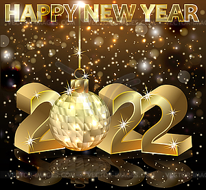 Golden New 2022 year card with xmas ball, vector - vector image