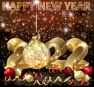 New 2022 year card with golden xmas ball, vector  - vector clipart