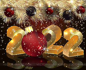 Happy 2022 new year golden card with red xmas ball - vector clipart