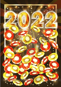 New 2022 year, Christmas Casino card with poker chips,  - vector clipart
