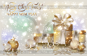 Merry Christmas, New year wallpaper with golden xmas gi - vector clipart