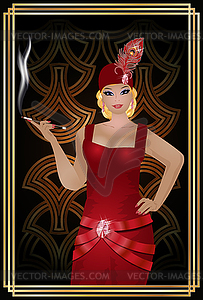 Blonde sexual girl with cigarette holder style art deco - vector clipart