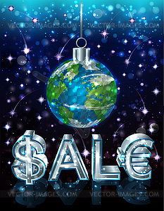 Happy New year sale background with Earth xmas ball - vector image